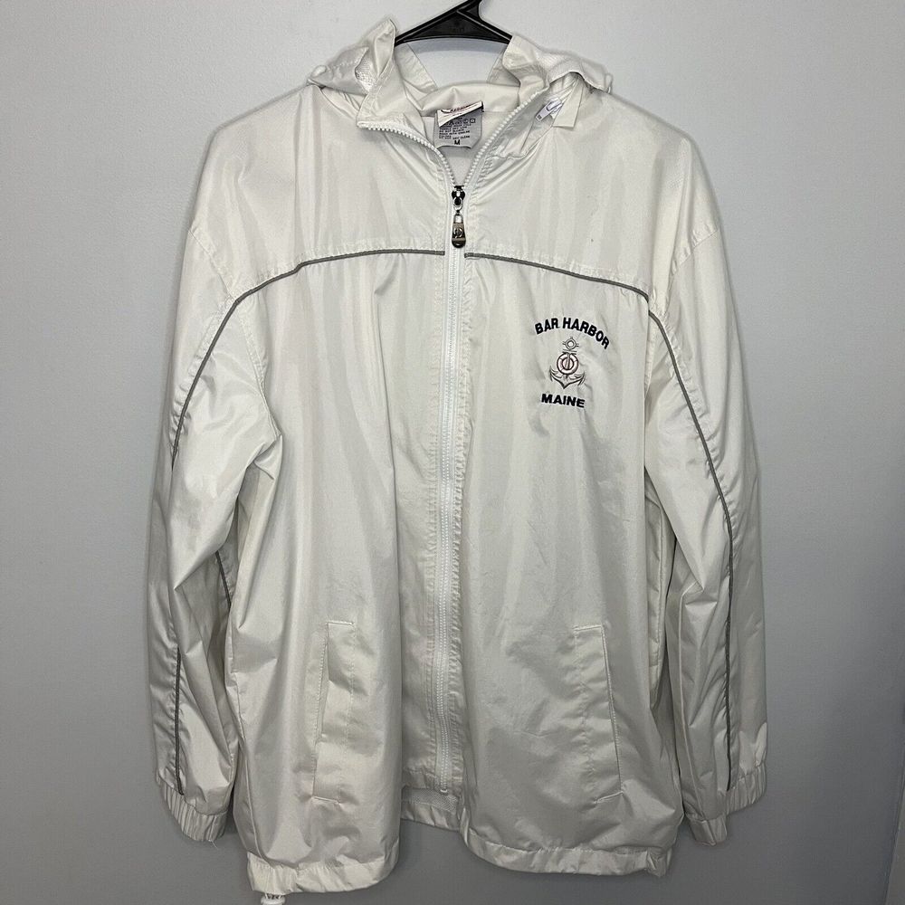Dimco Apparel Jacket Bar Harbor Maine Medium White Windbreaker Removable Hood VG